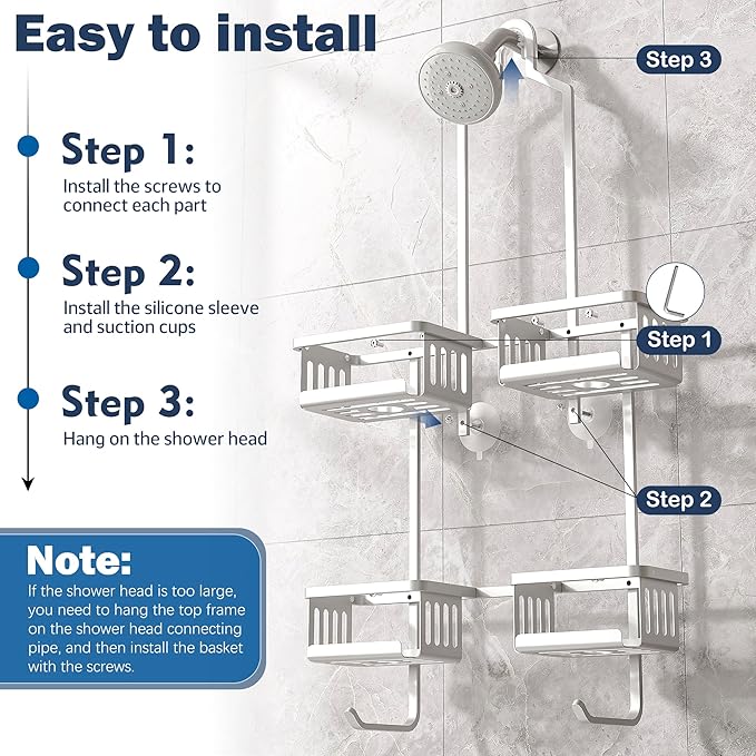 Aluminum Shower Caddy Hanging for Handheld Showerheads, Never Rust Shower Organizer with Hooks Holder Toothbrush Holder，Over Showerhead Caddy for Bathroom