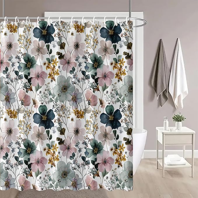 Watercolor Floral Shower Curtain 72x72 Inch Elegant Hand Painted Flower Print Bathroom Curtain Fabric for Vintage or Modern Decor