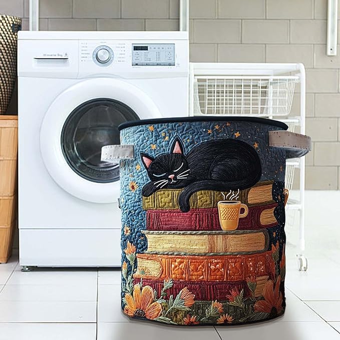 Cute Cat Quilted Laundry Basket with Handles, Boho Floral Fabric Quilted Laundry Basket, Large Soft Collapsible Storage Hamper for Nursery, Bedroom, Bathroom, Clothes & Toy Organization (#02)