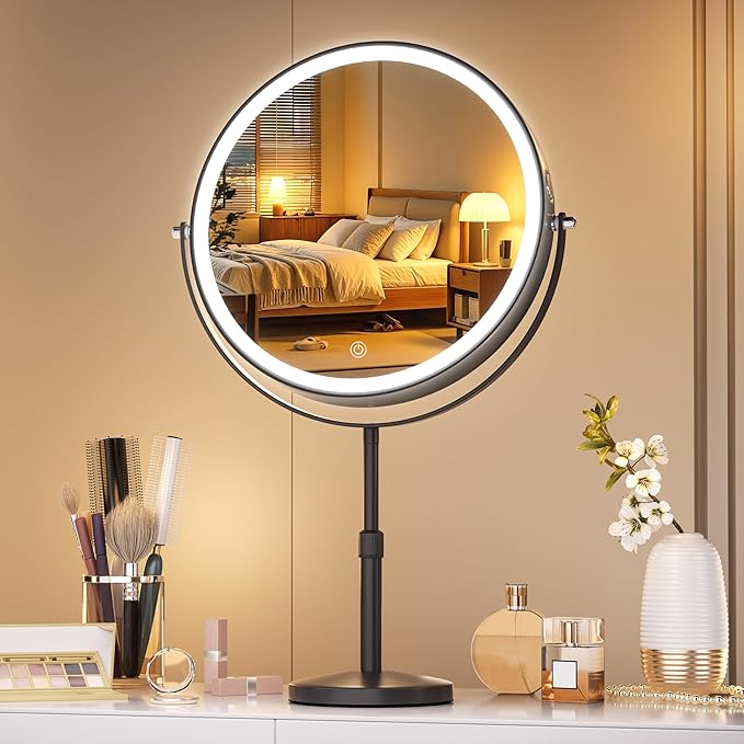 Hasipu 10-inch Lighted Makeup Mirror with Magnification, Rechargeable 3000 mAh Vanity Mirror with Lights, Desk Mirror with Dimmable Brightness, 3 Lighting Modes, Height Adjustment, Black
