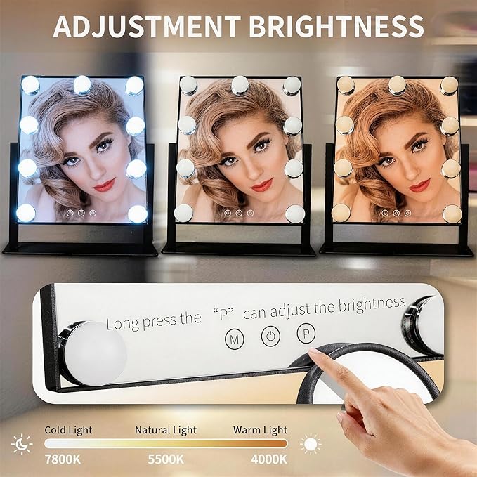 Makeup Vanity Mirror with Lights LED Makeup Mirror Detachable 10X Magnification, Hollywood Make Up Mirror with Lighting, Smart Touch, Rechargeable,360° Rotation, Black 13.77"x 11.81"