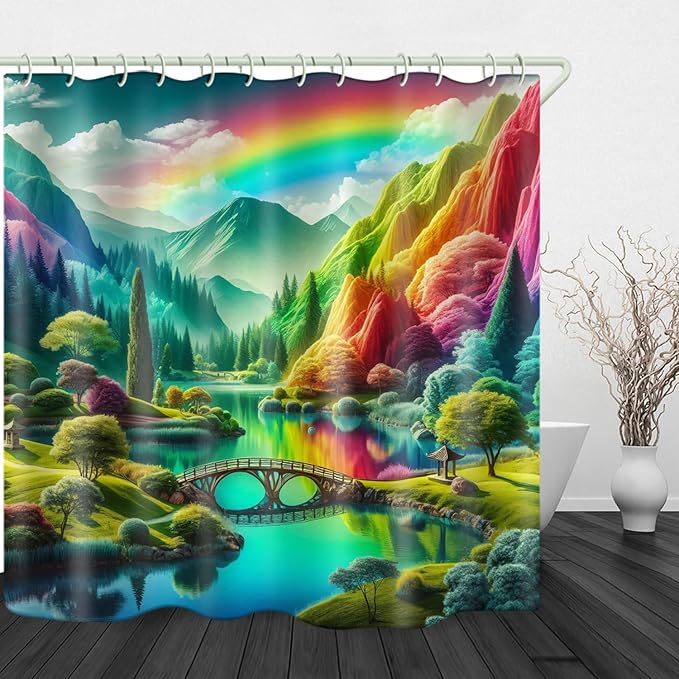 Shower Curtains, Colorful Mountain Theme Design Art Shower Curtains, Bathroom Decoration Set, 12 Shower Curtain Hooks (72 "Wx72 L) Inch Waterproof Shower Curtain.