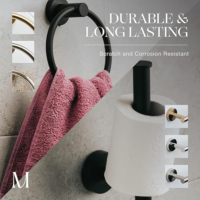 Marmolux Acc 2 PCS Matte Black Bathroom Hardware Set - Hand Towel Holder for Bathroom Wall + Black Toilet Paper Holder Wall Mount | Towel Holder Hanger Rack Stainless Steel Bathroom Set - Towel Rack