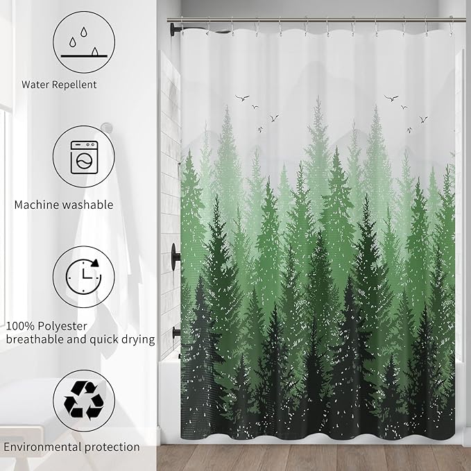 Hokibero Spring Forest Green Plant, Grey Mountain Nature Tree Fabric Shower Curtains for Bathroom Water Repellent Woodland Shower Curtain, 72 x 72 inch
