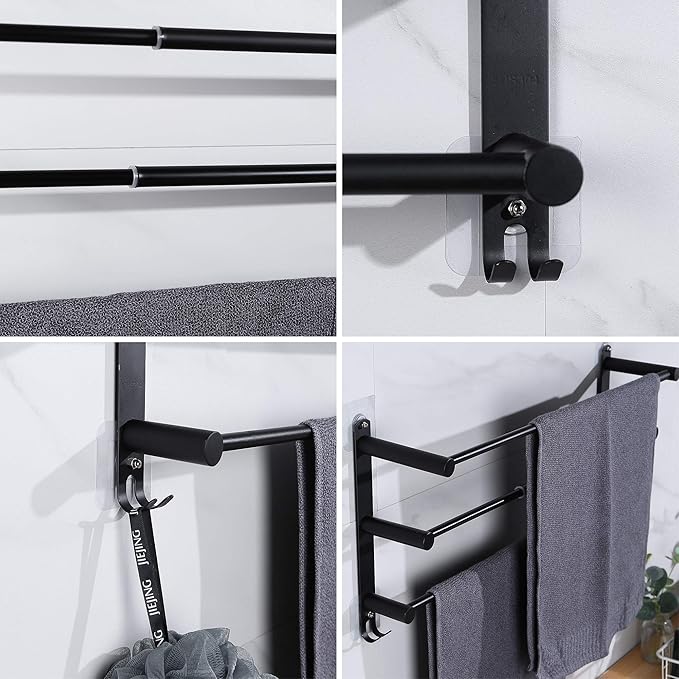 Towel Bars Freely Retractable 20-30 Inche Stainless Steel 304 Bath Towel Rack Strong 3M Adhesive Bathroom Wall-mounting Free mounting Hole-Installing washroom Kitchen Space Saving Black-3 Bars