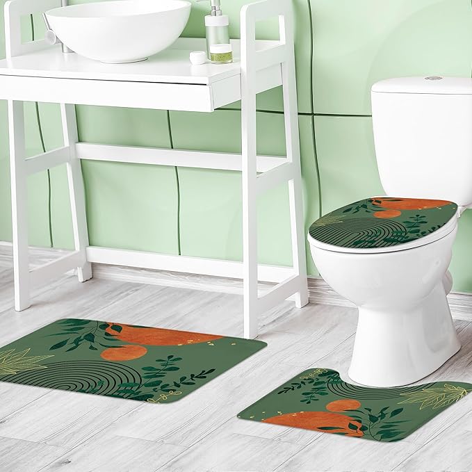Riyidecor Mid Century 4Pcs Bathroom Shower Curtain Sets Modern Aesthetic Minimalist Geometric Bathroom Decor Set with Rugs and Accessories Abstract Toilet Lid Rug, Contour and Bath Mat with 12 Hooks