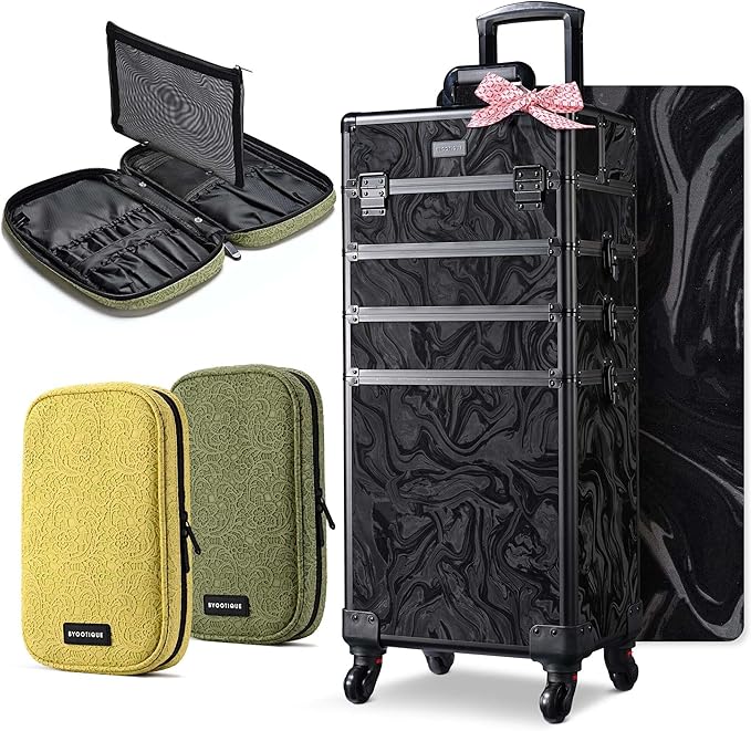 BYOOTIQUE 4in1 Rolling Makeup Case with 2 Makeup Brush Bag, Professional Cosmetic Train Case on Wheels for Makeup Artist Travel Hairstylist