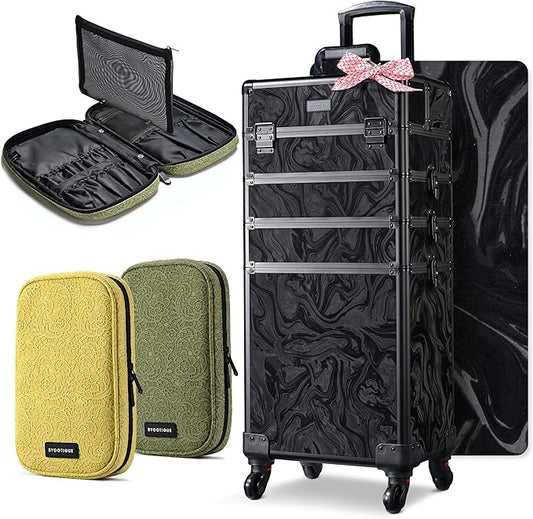 BYOOTIQUE 4in1 Rolling Makeup Case with 2 Makeup Brush Bag, Professional Cosmetic Train Case on Wheels for Makeup Artist Travel Hairstylist