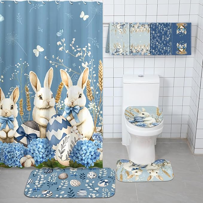 FuWeave 8 Pcs Easter Shower Curtain Set for Bathroom Decor Include Spring Floral Blue Bunny Egg Shower Curtain Hydrangea Towels Non Slip Rugs Toilet Lid Cover Bath Mat and 12 Hooks for Bathroom Decor