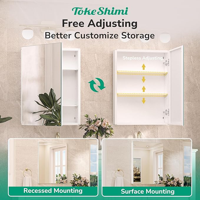 TokeShimi 36x24 Medicine Cabinet Mirror with Storage Tempered, Aluminum Surface Mount or Recessed Medicine Cabinet White with Adjustable Shelves for Bathroom Wall Cabinet Farmhouse