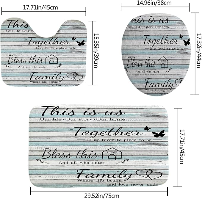 juwute 4Pcs Family Shower Curtain Sets with Non-Slip Rugs, Toilet Lid Cover and Bath Mat, Wood Grain Home Bathroom Decor Set Accessories Waterproof Shower Curtains with 12 Hooks, 72 x 72 Inch