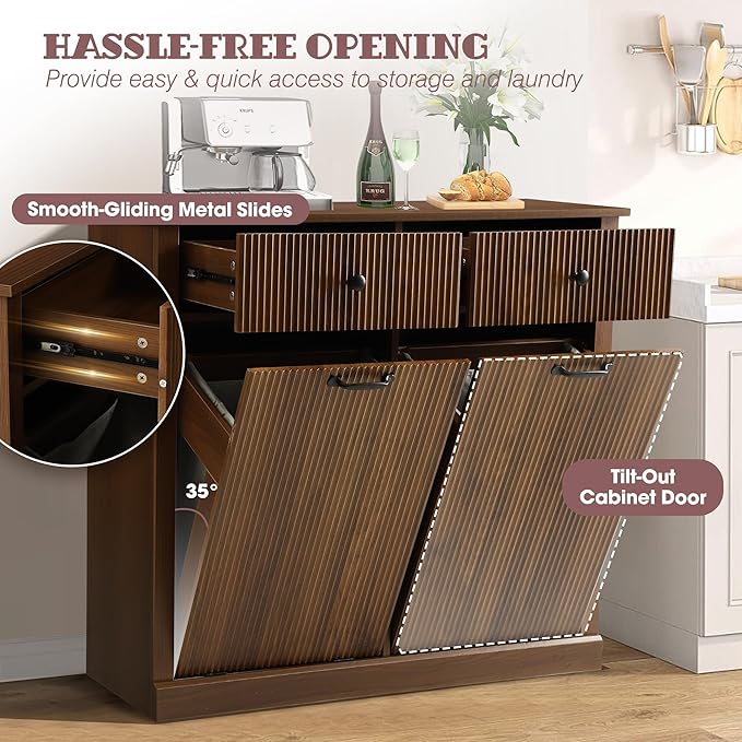 Double Tilt Out Laundry Hamper Cabinet, Modern Fluted Trash Can Cabinets with Drawer, Wooden 22 Gallon Hidden Garbage Cabinet for Kitchen and Bathroom (Brown, Full)