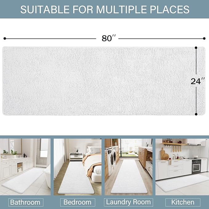 LOCHAS Luxury Bathroom Rug Shaggy Bath Mat 24 x 80 Inch, Washable Non Slip Bath Rugs for Bathroom Shower, Soft Plush Chenille Absorbent Carpets Mats, White