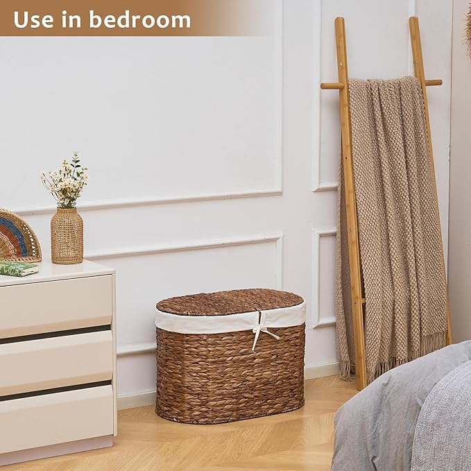 Laundry Hamper with Lid, Handwoven Water Hyacinth Clothes Hamper with Removable Liner Bags, 2 Section Wicker Laundry Basket for Bedroom, Laundry Room and Bathroom (Espresso, 70L)