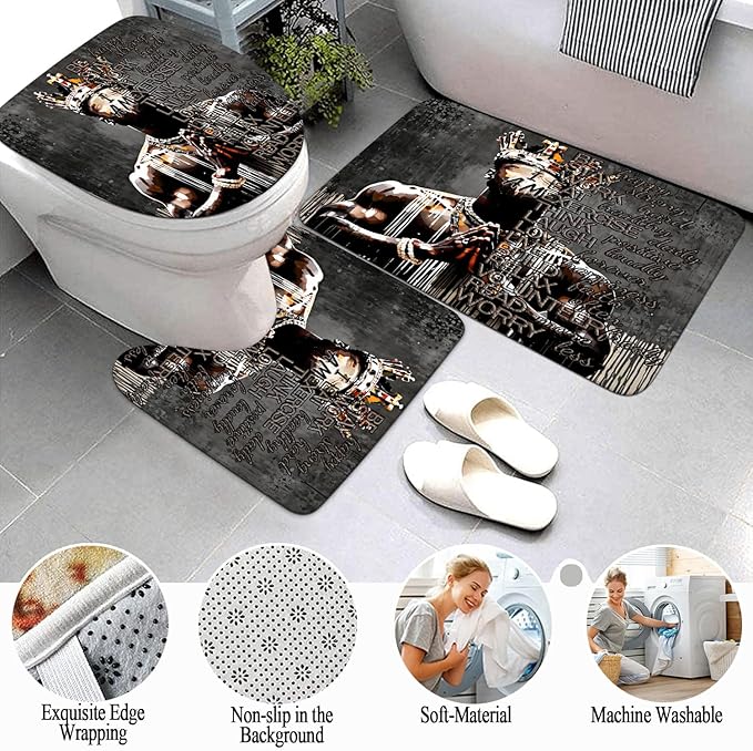 4Pcs Cool Black King Shower Curtain Set with Waterproof Shower Curtain Bath Mat Rug and Toilet Lid Cover, Inspirational Quote African American King Valentine's Day Bathroom Decor Set for Man