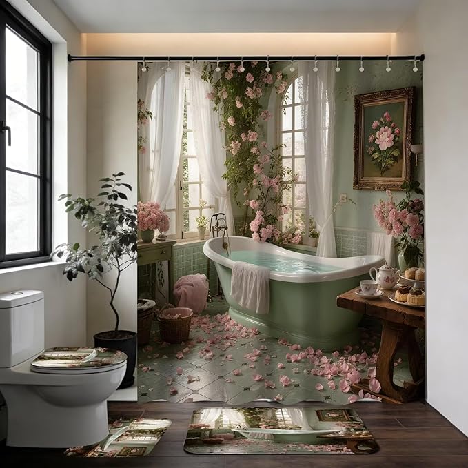 DDQQ 4Pcs Vintage Turquoise Bathtub Shower Curtain Set, Pink Roses Bathroom Sets with Shower Curtain and Rugs, Romantic Bathroom Decor Accessories Shower Curtains for Bathroom Toilet Lid Cover