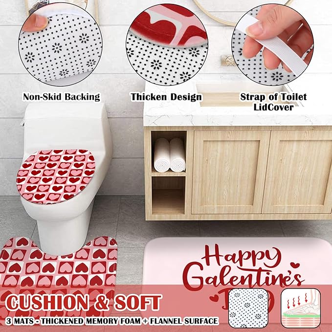 Drydiet 4 Pcs Galentine 's Day Shower Curtain Set, Plaid Heart Curtain Happy Galentine's Day Non Slip Rugs Toilet Lid Cover U Shape Bath Mat and 12 Hooks Bathroom Supplies for Home Decor