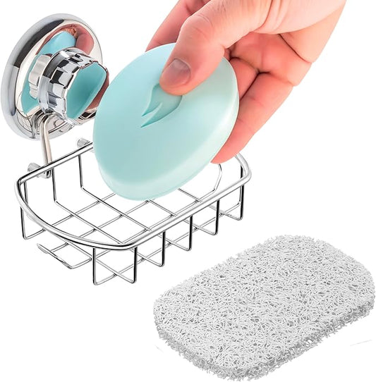 HASKO Suction Soap Dish with Hooks | Powerful Vacuum Suction Cup Soap Holder | Soap Basket Holder for Bathroom & Kitchen (Polished Stainless Steel SS304)