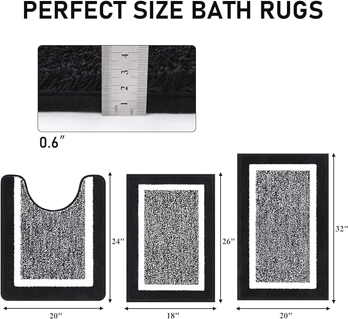 Pauwer Bathroom Rug Sets 3-Piece Shower Rugs with U-Shaped Contour Toilet Mat Absorbent Microfiber Plush Bath Mats Non Slip Machine Washable Shaggy Bathroom Floor Mats, Black