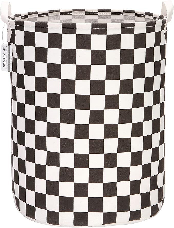 Sea Team 19.7 Inches Large Sized Waterproof Coating Ramie Cotton Fabric Folding Laundry Hamper Bucket Cylindric Burlap Canvas Storage Basket with Stylish Grid Black Design