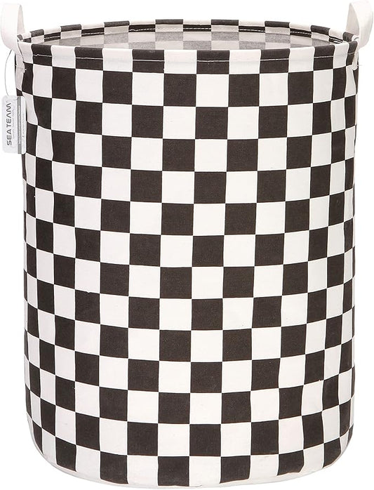 Sea Team 19.7 Inches Large Sized Waterproof Coating Ramie Cotton Fabric Folding Laundry Hamper Bucket Cylindric Burlap Canvas Storage Basket with Stylish Grid Black Design