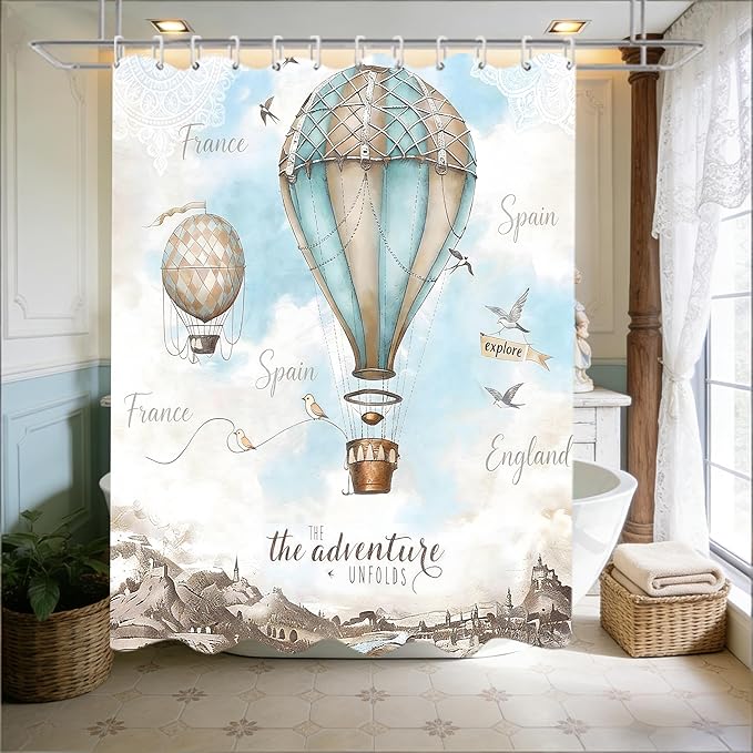 jieprom 4 Piece Sky Blue Shower Curtain Set with Rugs, Vintage Map & Hot Air Balloon Art, Scenic Adventure Aesthetic Bathroom Decor, Waterproof Fabric with Non-Slip Mats, Waterproof Fabric