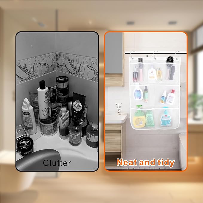 Mesh Shower Caddy Hanging, 7 Pockets Hanging Bathroom Organizer with Quick Dry Mesh, Portable, Can Store Soap, Loofah Shampoo and Cruise Ship Essentials, 17 Inch by 26 Inch, White, 2 Pack