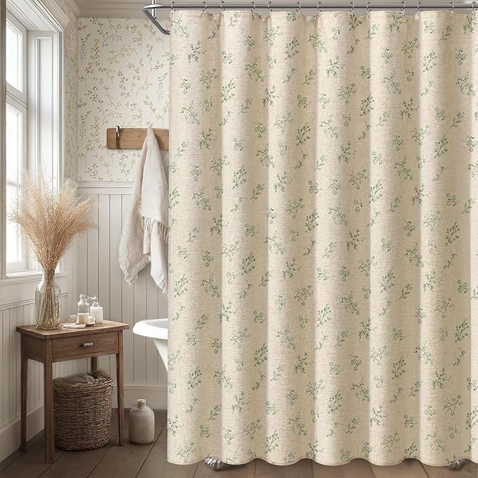 Sage Green Floral Vintage Linen Shower Curtain, French Country Shower Curtains for Bathroom, 72Wx72H