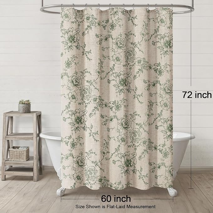Farmhouse Floral Linen Shower Curtain, Vintage Green Pattern Rustic Shower Curtains for Bathroom, Tan Taupe,60x72