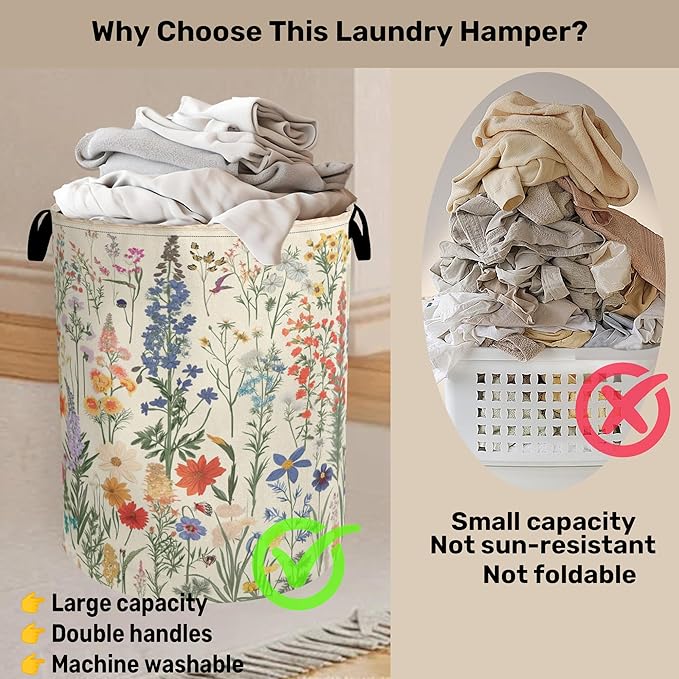 Summer Wild Herbs Large Clothes Hamper Bag - Laundry Basket with Handles, Space Saving Foldable Design for Nursery