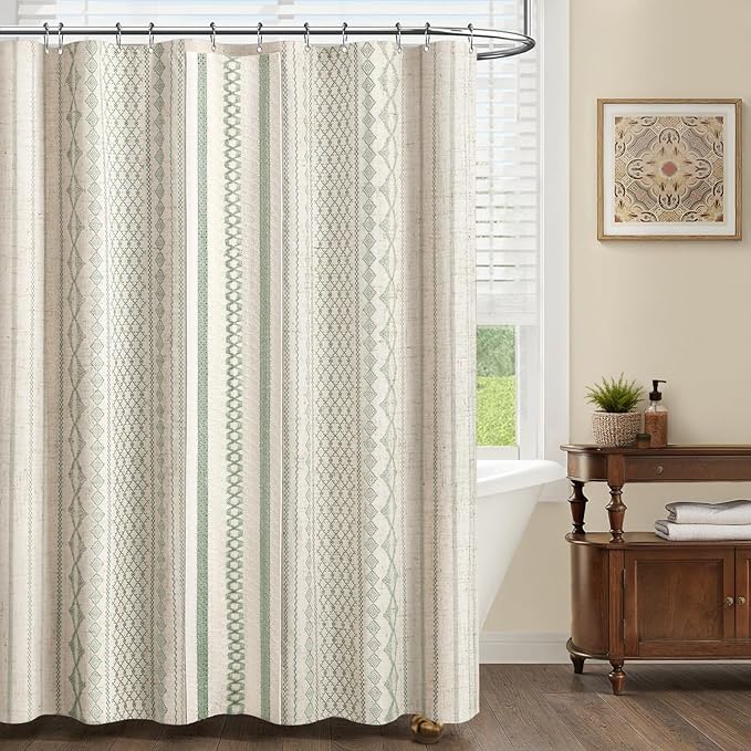 Sage Green Boho Shower Curtain for Bathroom, Linen Striped Print and Twine-Inspired Woven Center,72" W x 72" L