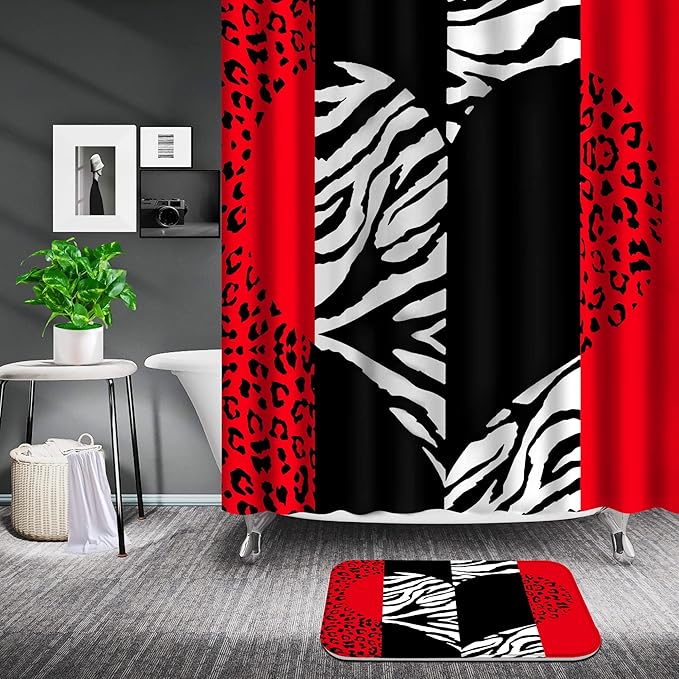 Poedist 4 Pcs Bathroom Curtain Set, Red Leopard Print Shower Curtains with Bright Style, Rugs (Bath Mat, U Shape, Toilet Lid Cover Mat) and 12 Hooks