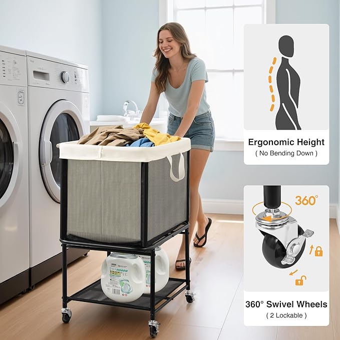 STO STO Rolling Laundry Hamper with Lockable Wheels, 29-Gallon (110L) Laundry Cart with Removable Canvas Bag, 2-Tier Clothes Basket Hamper with Shelf for Closet, Bedroom, Bathroom, Laundry Room