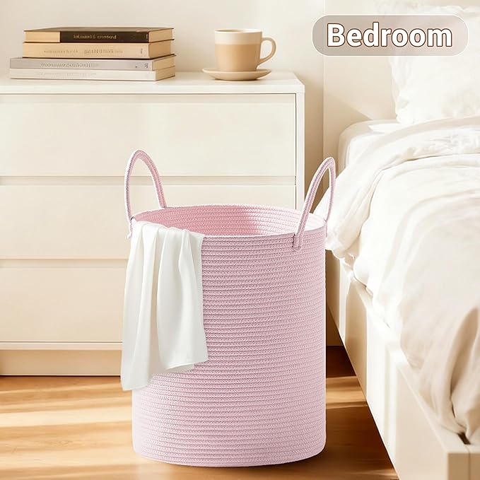 Girls' Tall Laundry Basket with Handles, 72L Portable Dirty Clothes Hamper, Boho Cotton Rope Storage Bin for Blankets Kids Toys Gifts, Decorative Organizer for Nursery Bedroom Bathroom, Pink
