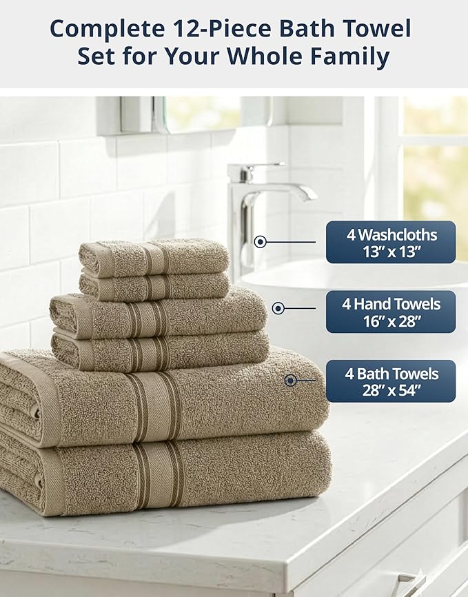 LANE LINEN Towel Sets for Bathroom - 12-Pack 100% Cotton Towels, Zero Twist, 4 Bath, 4 Hand & 4 Washcloths, Soft & Highly Absorbent, Premium Hotel & Spa-Quality Design, Easy to wash - Tapue