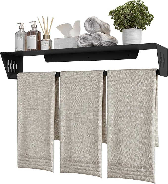 Qeke Bathroom Lavatory Towel Rack, Wall Mount Towel Holder Towel Hanger Shelf with Towel Bar, SUS 304 Stainless Steel Towel Rack for Bathroom and Lavatory, Matte Black, 24 Inch