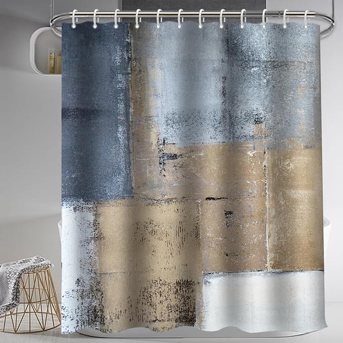 Lnond 4Pcs Bathroom Shower Curtain Sets with Rugs,Brown and Blue Painting Art Bathroom Sets with Shower Curtain and Rugs and Accessories