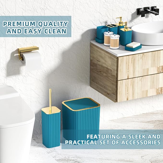 XLHOMO Bathroom Accessories Set - Gorgeous Bathroom Set, 10PC Teal Bathroom Accessory Set, Toilet Brush, Trash Can, Qtip Holder Dispenser & Soap Dispenser