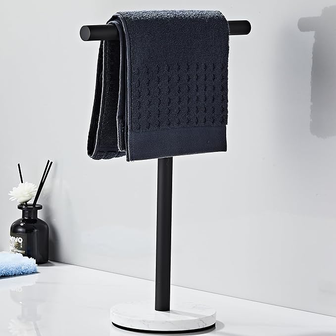 Hand Towel Holder, 15 Inch T-Shape Freestanding Towel Rack Stand for Bathroom & Kitchen Countertop with Matte Black Finish and Marble Base