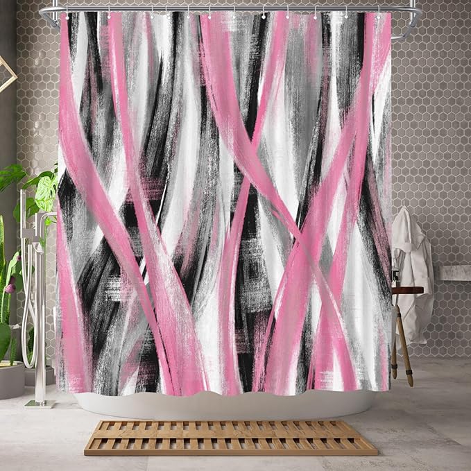 WELMECO Geometric Shower Curtain Modern Abstract Shower Curtain Bathroom Decor Polyester Fabric, 72x72inch (Pink and Grey)