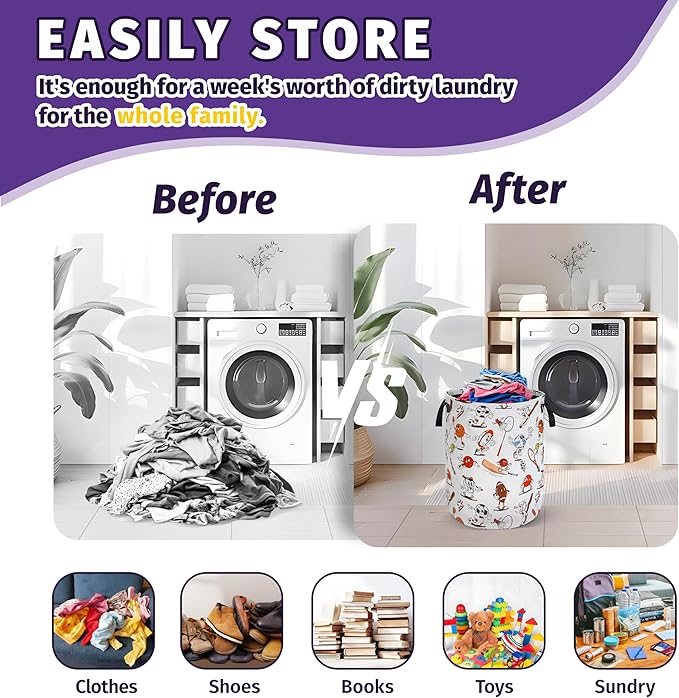 Cartoon Balls Laundry Basket Foldable Waterproof Oxford Cloth With Handle Portable Sports Theme Storage Basket Organizer Suitable For Laundry Room/Bedroom/Children'S Room (18.9 X 16.5 Inch)