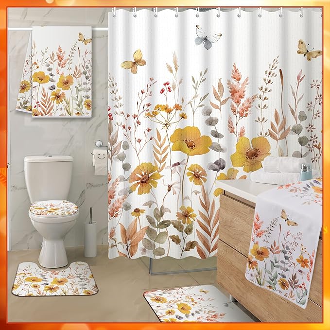 Nuanchu 6 Pcs Thanksgiving Shower Curtain Set with Rug Bathroom Sets with Shower Curtain Bath Mat U Shaped Mat Toilet Lid Cover 2 Bath Towels and 12 Hooks Fall Floral Bathroom Decor