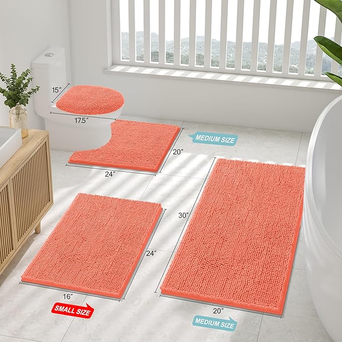Smiry Luxury Chenille Bathroom Rugs 44x24, Extra Soft and Absorbent Shaggy Bath Mat, Machine Washable, Non-Slip Plush Carpet Runner for Tub, Shower, and Floor, Home Decor Accessories, Coral
