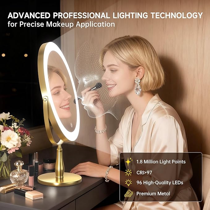 11.8" Extra Large Lighted Makeup Mirror, 1X/10X, 2-Sided Magnifying Mirror with 96 LEDs, 3 Color Dimmable Lights, 360° Swivel, LED Vanity Mirror, White - Great Gift Gold