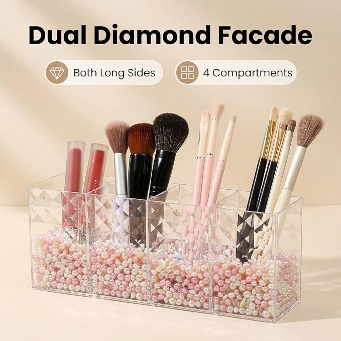 4 Compartment Makeup Brush Holder, Clear Cosmetic Organizer for Vanity, Multi-Function Pen Holder Makeup Storage Cup