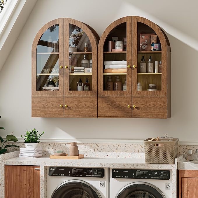 BREEZEHEAT Arched Medicine Cabinet with Extra Storage, Glass Doors & Adjustable Shelf -Wall Mounted Over Toilet Cabinet for Bathroom, Kitchen, Laundry Room, Walnut Wood Grain, 23.6x33.5 Inch