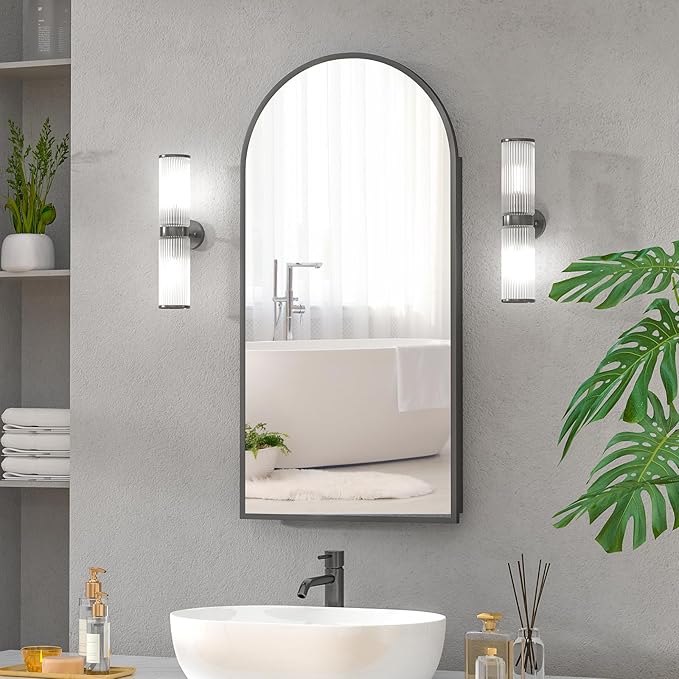 16x31 Black Arched Medicine Cabinet,Recessed Medicine Cabinet with Mirror, Arched Mirror Cabinet with Storage Wall Mounted for Bathroom,Full Assembled