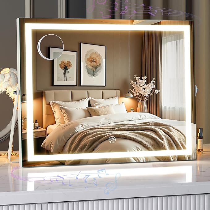 MINISO Vanity Mirror with Lights and Bluetooth Speaker, 17.7" x 13.8" LED Makeup Mirror, Light & Brightness Smart Sensor, Aluminum Alloy Metal White Frame, with 10X Magnifying Glass