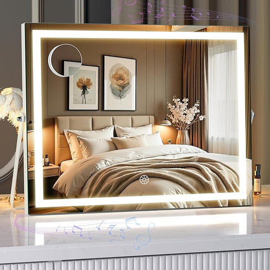 MINISO Vanity Mirror with Lights and Bluetooth Speaker, 17.7" x 13.8" LED Makeup Mirror, Light & Brightness Smart Sensor, Aluminum Alloy Metal White Frame, with 10X Magnifying Glass