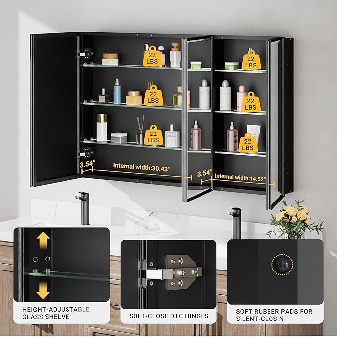 48x30 Black Medicine Cabinet with Mirror, Surface or Recessed Pre-Assembled Medicine Cabinet Mirror for Bathroom, Aluminum Beveled Frame Bathroom Vanity Mirror with Adjustable Shelves Storage